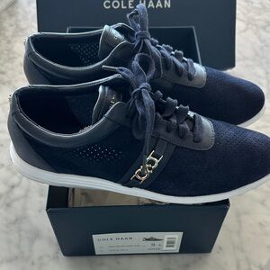 Cole Haan Women’s Bria Grand Sport Brushed Suede and Leather Dark Blue Sneakers.
